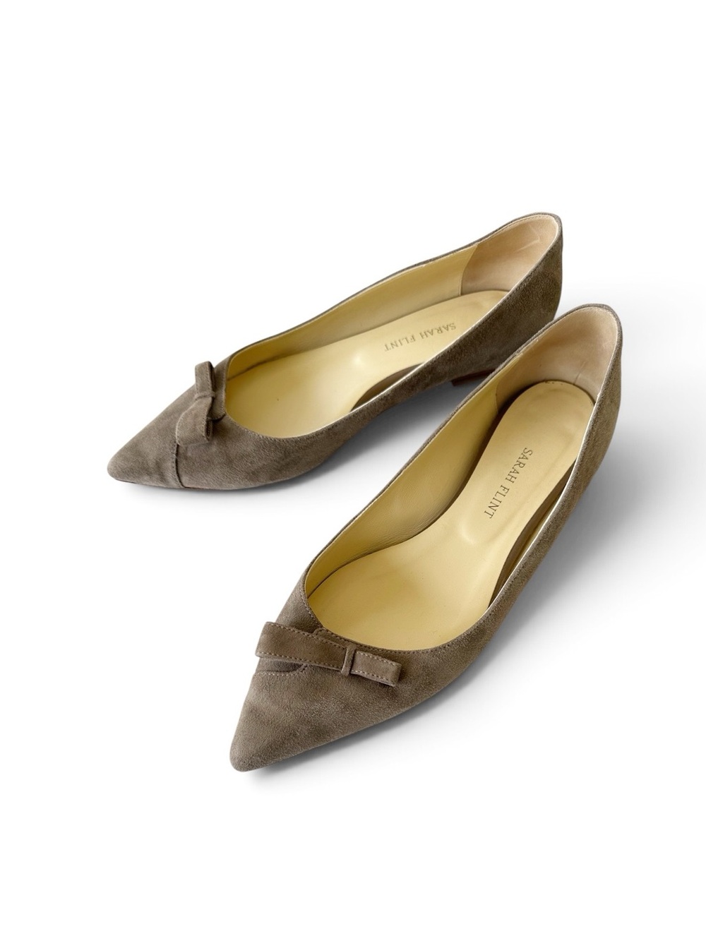 Sarah Flint • Natalie Pointed Toe Flats Taupe Suede Leather Bow